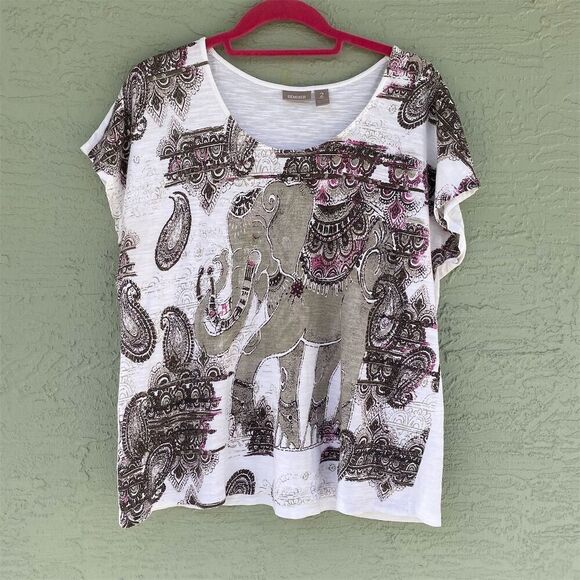 Chico's Women's Paisley Scoop Neck Blouse Size 2 (L) Multicolor Short Sleeve - Picture 1 of 8